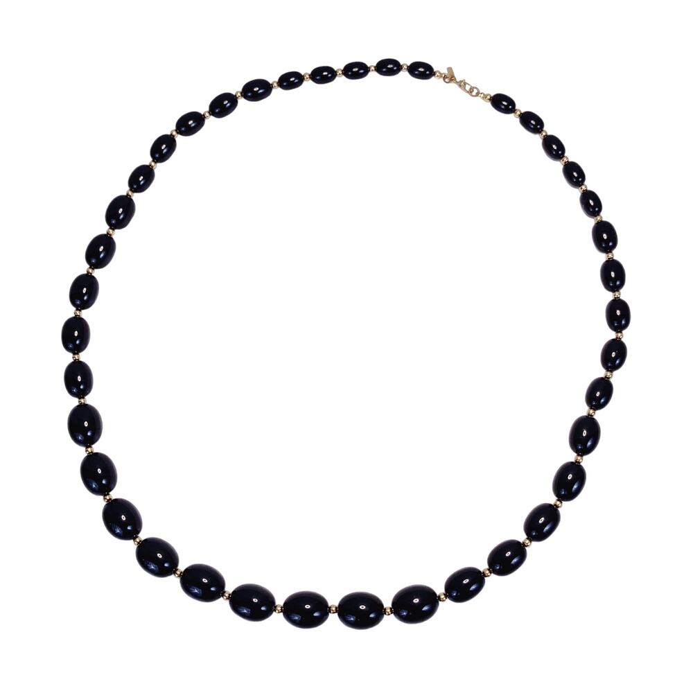 Signed Monet Black Graduated Oval Bead Necklace, 1980s Vintage Retro Plastic